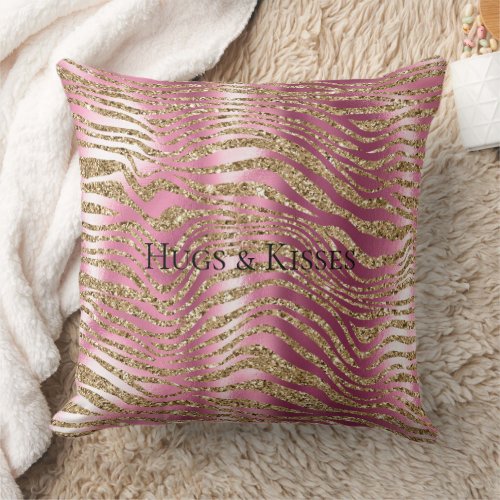 Pink Glam Gold Glitter Zebra Print Throw Pillow