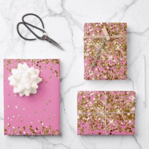 Pink Glam Gold Glitzy Sparkle Glitter Wrapping Paper Sheets