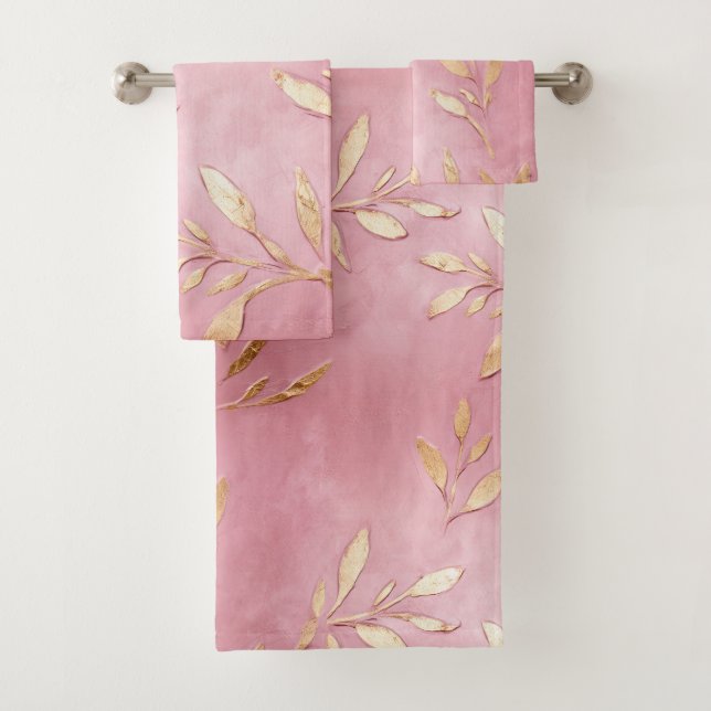 Pink Glam Gold Leaves Bath Towel Set (Insitu)