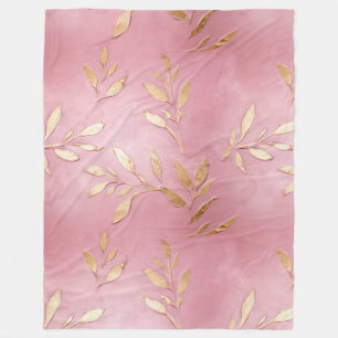 Pink Glam Gold Leaves Fleece Blanket
