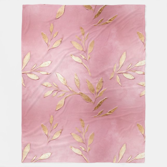 Pink Glam Gold Leaves Fleece Blanket (Front)