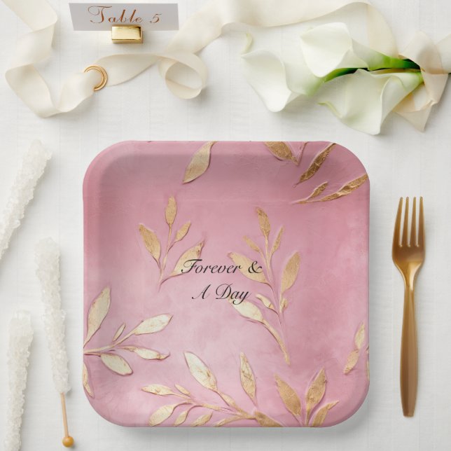 Pink Glam Gold Leaves Paper Plates (Wedding)