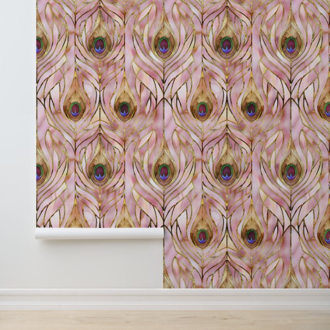 Pink Glam Gold Peacock Feathers Wallpaper (Application)