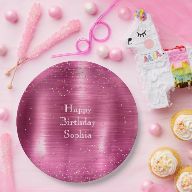 Pink Glam Gold Sparkle Confetti Birthday Paper Plates (Party)
