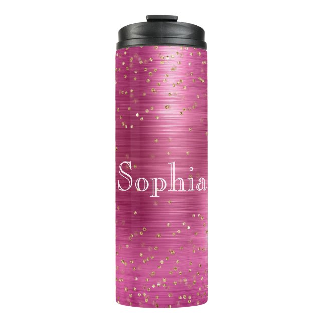 Pink Glam Gold Sparkle Confetti Personalized Thermal Tumbler (Front)
