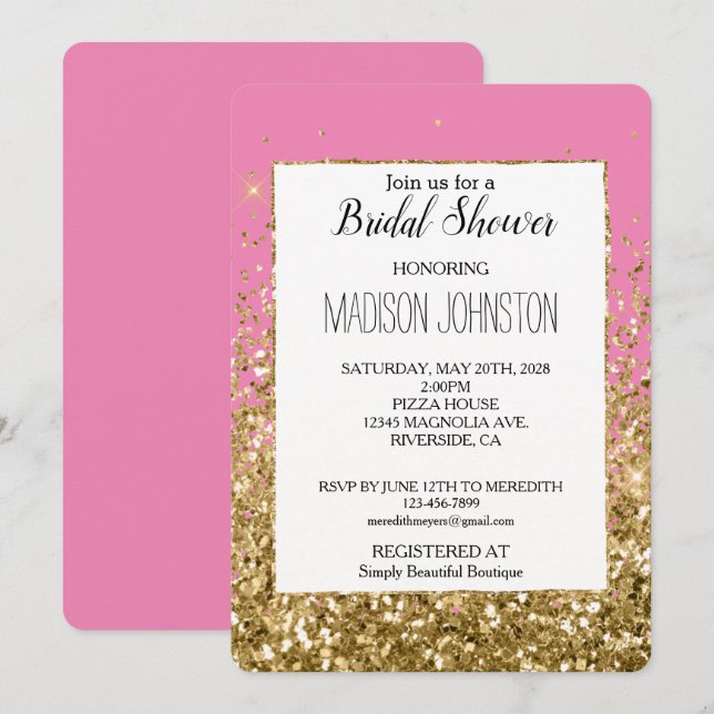 Pink Glam Gold Sparkle Glitter Bridal Shower Invitation (Front/Back)