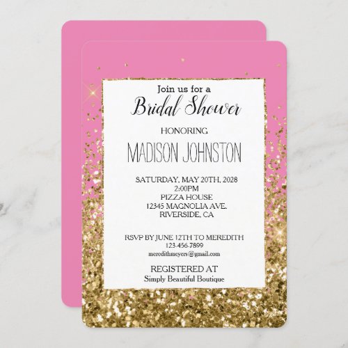 Pink Glam Gold Sparkle Glitter Bridal Shower Invitation