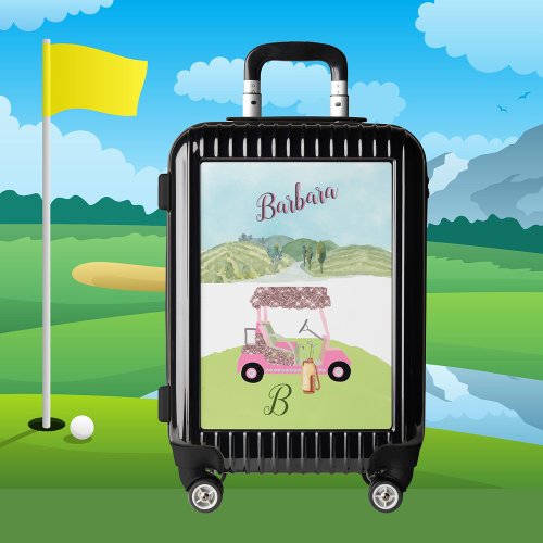Pink Glam Golf Cart Scenic Monogram Name Luggage