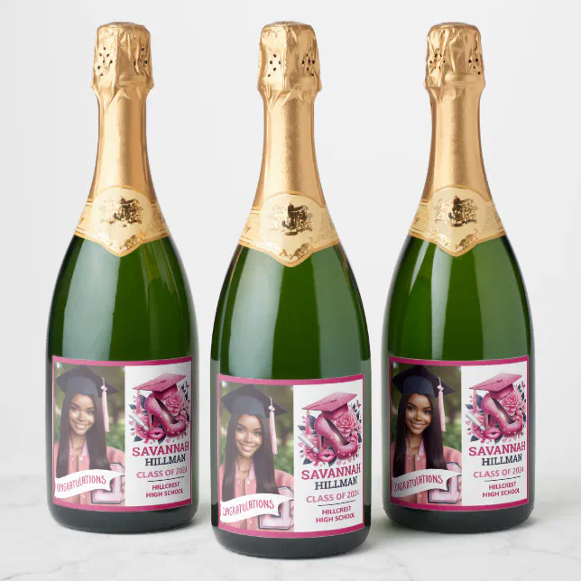 Pink Glam Graduation Custom Photo Sparkle Sparkling Wine Label | Zazzle