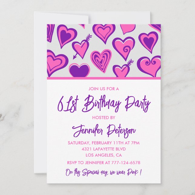 Pink Glam Heart Pattern 61st birthday invitations  (Front)