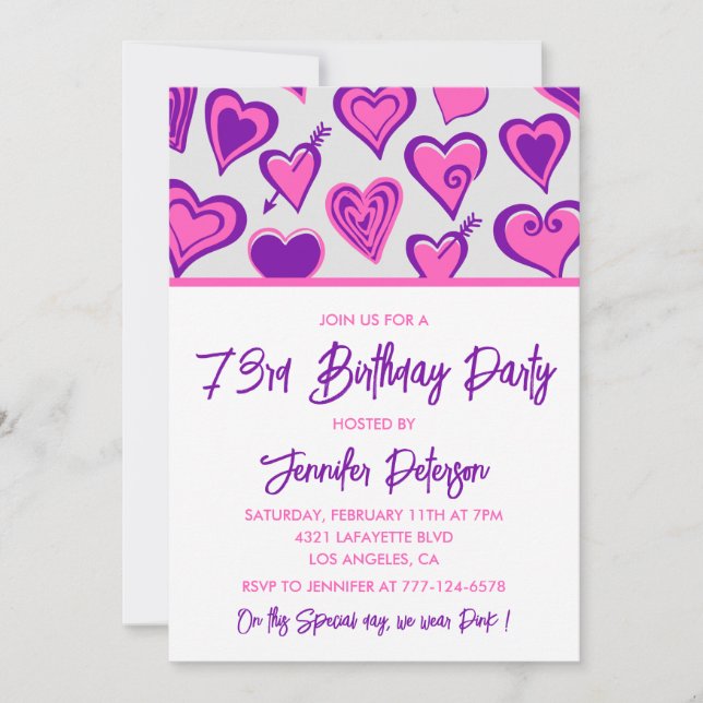 Pink Glam Heart Pattern 73rd birthday invitations  (Front)