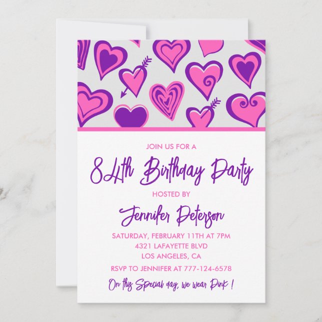 Pink Glam Heart Pattern 84th birthday invitations  (Front)