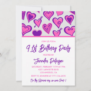 Pink Glam Heart Pattern 91st birthday invitations 