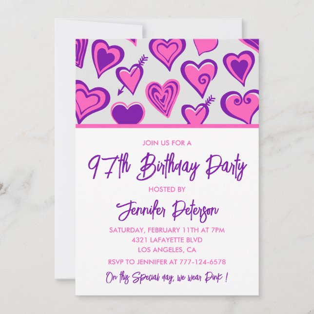 Pink Glam Heart Pattern 97th birthday invitations  (Front)