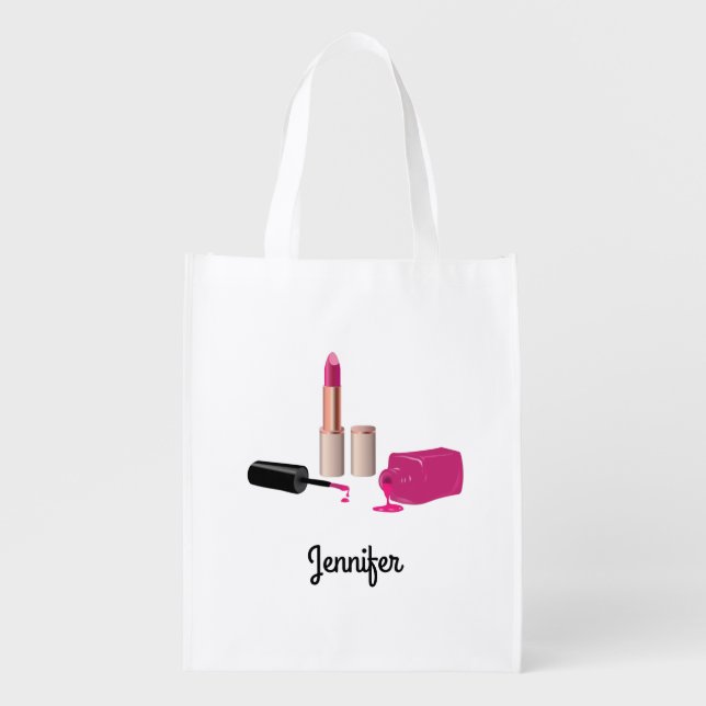 Pink Glam Lipstick & Nail Polish Beauty Themed Grocery Bag (Front)