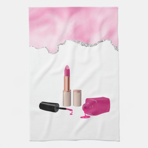 Pink Glam Lipstick  Nail Polish Beauty Themed Kitchen Towel