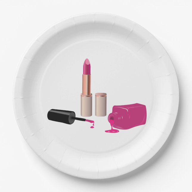 Pink Glam Lipstick & Nail Polish Beauty Themed Paper Plates (Front)