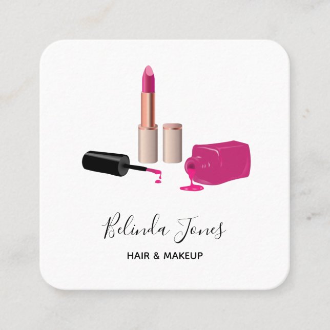 Pink Glam Lipstick & Nail Polish Beauty Themed Square Business Card (Front)