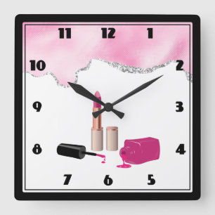 Pink Glam Lipstick & Nail Polish Beauty Themed Square Wall Clock