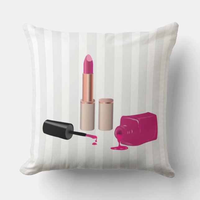 Pink Glam Lipstick & Nail Polish Beauty Themed Throw Pillow (Front)