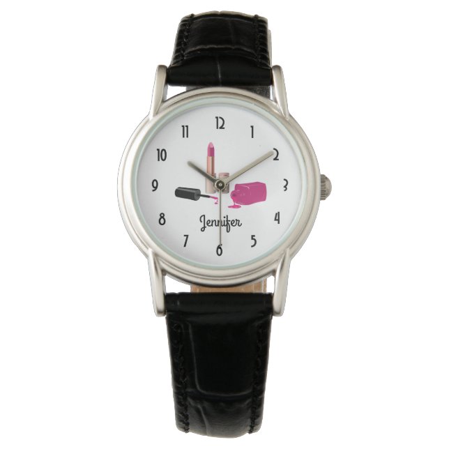 Pink Glam Lipstick & Nail Polish Beauty Themed Watch (Front)