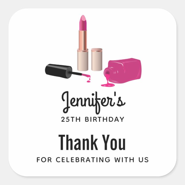 Pink Glam Lipstick & Nail Polish Birthday Square Sticker (Front)