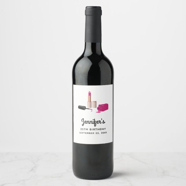 Pink Glam Lipstick & Nail Polish Birthday Wine Label (Front)