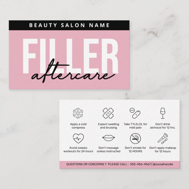 Pink Glam Modern Filler Aftercare Guide Business Card (Front/Back)