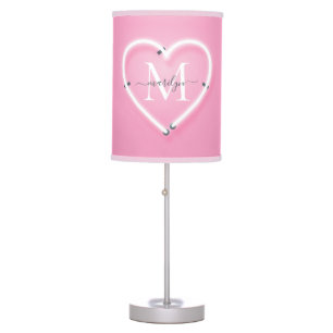 Pink Glam Neon Heart Sign Monogram Name Table Lamp