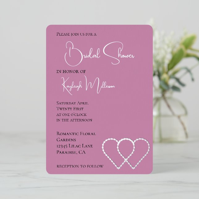Pink Glam Pearl Two Hearts Bridal Shower Foil Invitation (Standing Front)