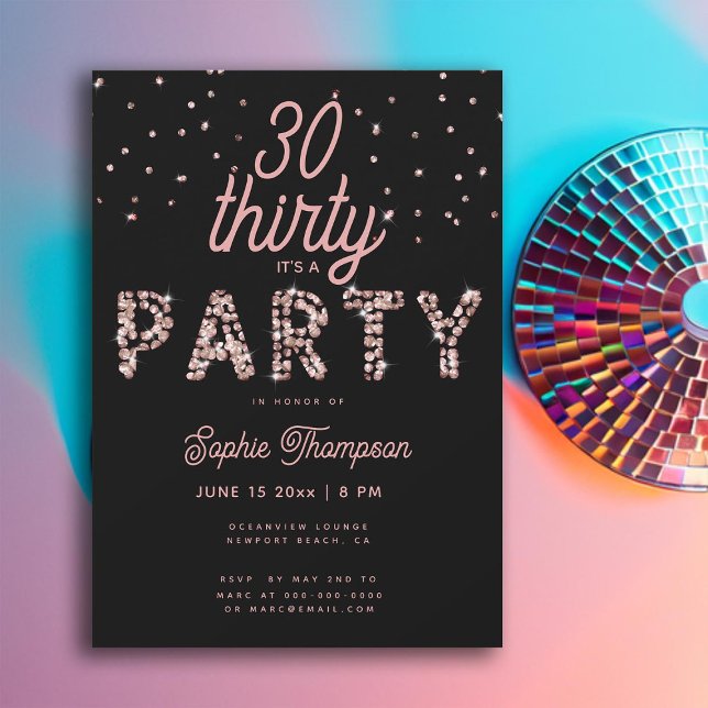 Pink Glam Rhinestones Calligraphy 30th Birthday Invitation (So Pink Rhinestones Calligraphy 30th Birthday Invite for Women Black Classy Modern Elegant Chic)
