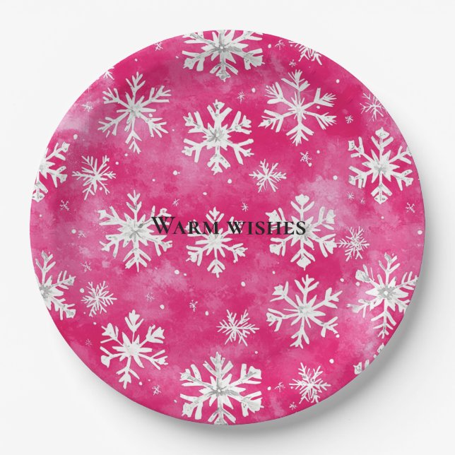 Pink Glam Snowflakes Christmas Paper Plates (Front)