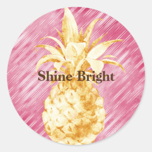 Pink Glam Stripes Gold Tropical Pineapple  Classic Round Sticker
