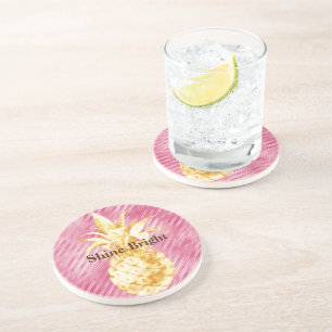 Pink Glam Stripes Gold Tropical Pineapple  Coaster