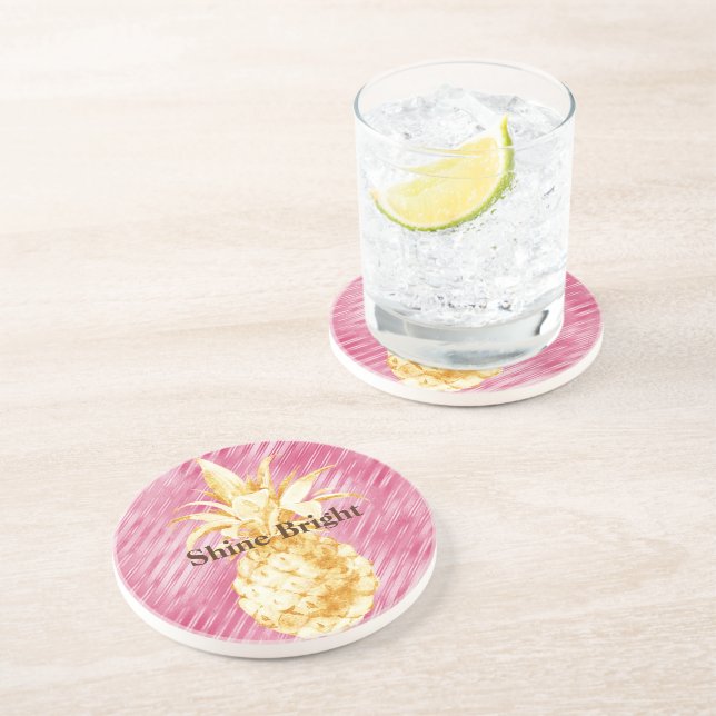 Pink Glam Stripes Gold Tropical Pineapple  Coaster (Side)