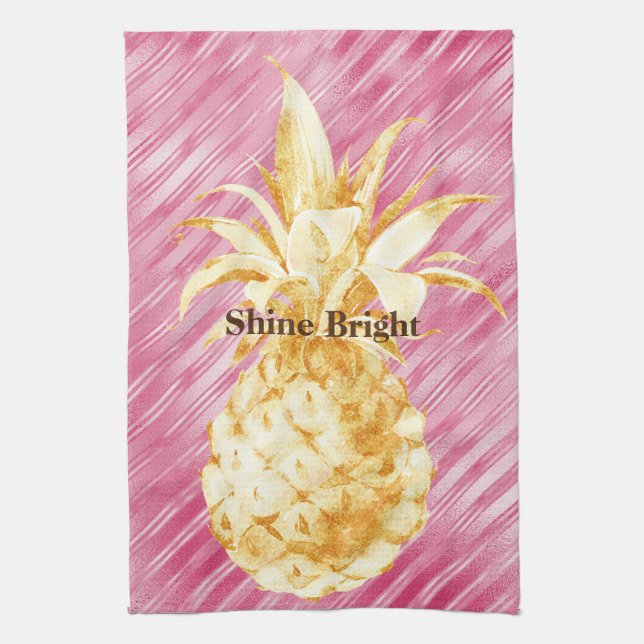 Pink Glam Stripes Gold Tropical Pineapple  Kitchen Towel (Vertical)