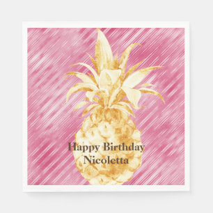 Pink Glam Stripes Gold Tropical Pineapple Napkins