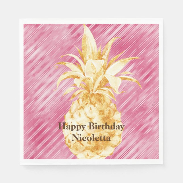 Pink Glam Stripes Gold Tropical Pineapple  Napkins (Front)