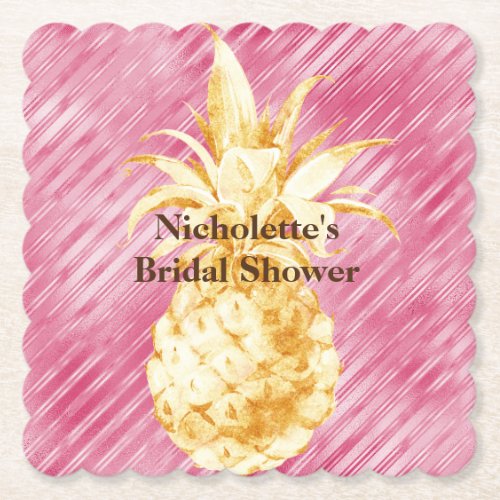 Pink Glam Stripes Gold Tropical Pineapple  Paper Coaster