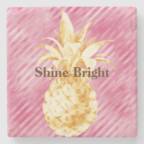 Pink Glam Stripes Gold Tropical Pineapple  Stone Coaster