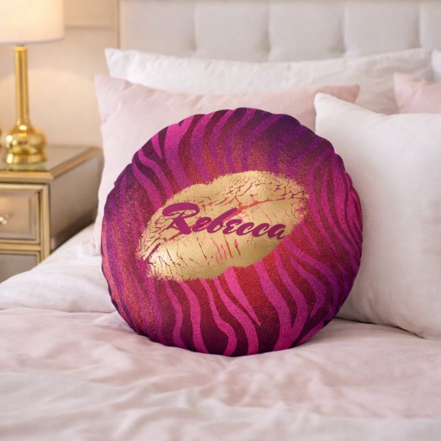 Pink Glam Zebra Print Name Accent Round Pillow (Creator Uploaded)