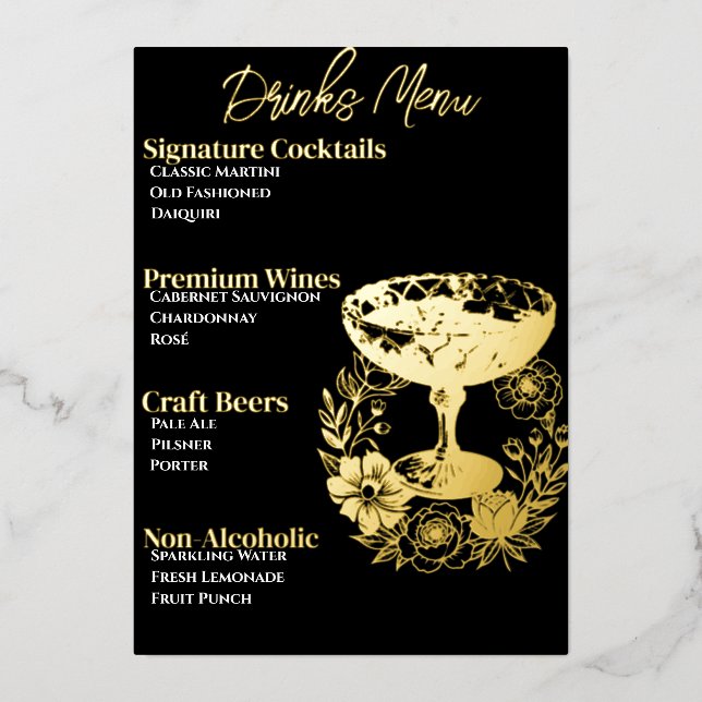 Pink Glamorous Gold-Foiled Beverage Menu (Front)