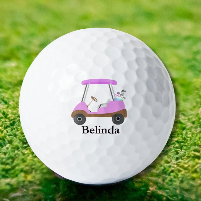 Pink Glamorous Wood Texture Golf Cart With Name Golf Balls (Creator Uploaded)