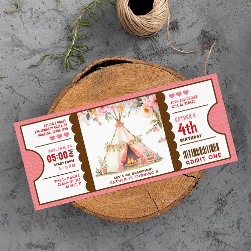 pink glamping birthday ticket invitation