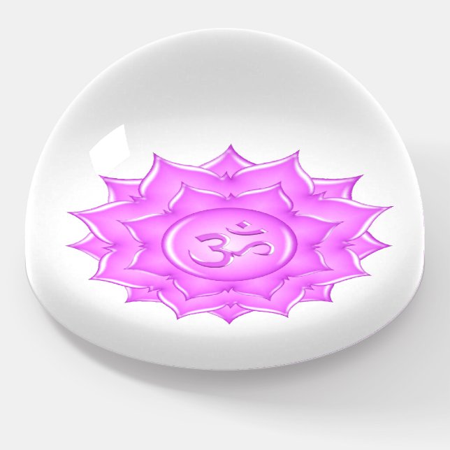 Pink Glass Lotus Flower Om Symbol Drawing Paperweight (Angled)