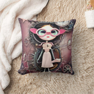 Pink Glasses Steampunk Doll Throw Pillow