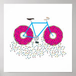 Pink Glazed Donut Wheels Bicycle with Sprinkles Poster<br><div class="desc">A colorful illustration of a bicycle with pink glazed donut wheels and sprinkles. Cute and funny gift for anyone and any age. Great way to burn those doughnut calories!</div>