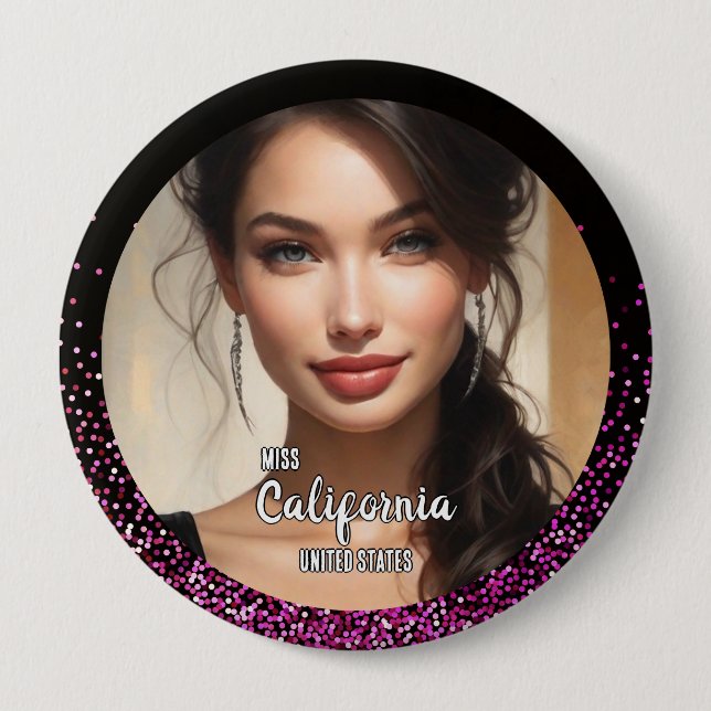 Pink Glimmer Pageant Photo Button Pin (Front)