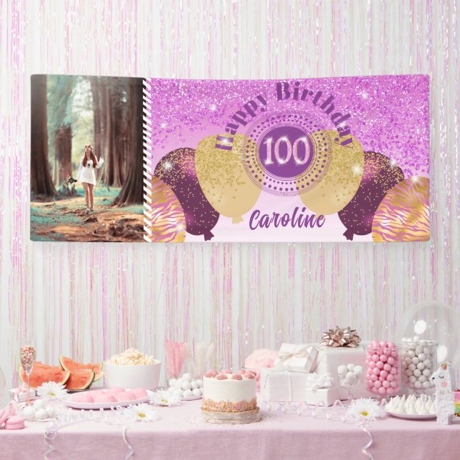 Pink Glitter 100th Birthday & Balloons  Banner (Party)