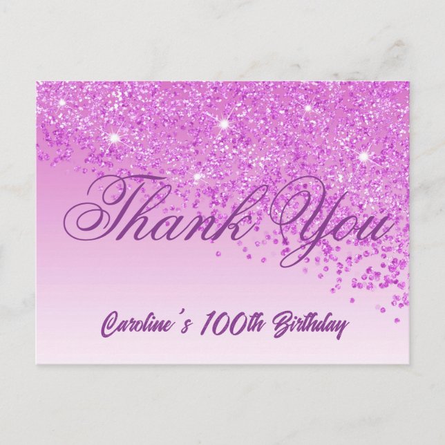 Pink Glitter, 100th Birthday Thank You Postcard (Front)
